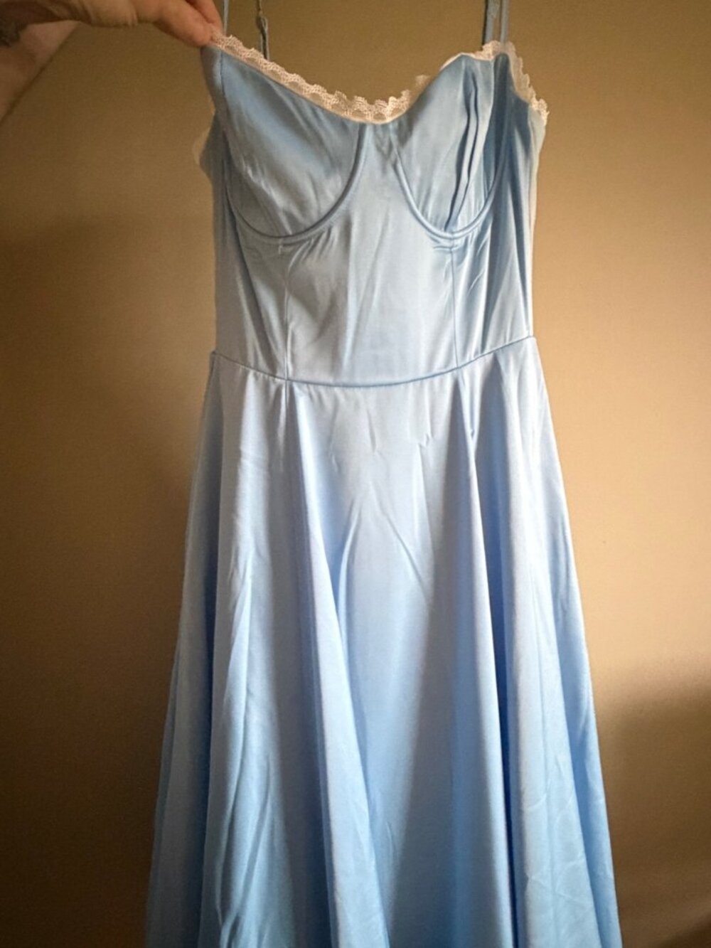 Almond Muse Selene Light Blue Fit-and-Flare Midi Dress with Spaghetti Straps - Picture 6 of 7
